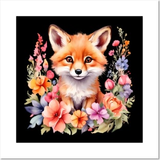 A red fox decorated with beautiful watercolor flowers Posters and Art